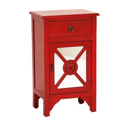 18" X 13" X 30" Red MDF  Wood  Mirrored Glass Accent Cabinet with a Drawer and  Door and Trellis Inserts