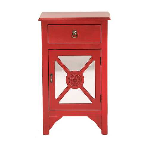 18" X 13" X 30" Red MDF  Wood  Mirrored Glass Accent Cabinet with a Drawer and  Door and Trellis Inserts