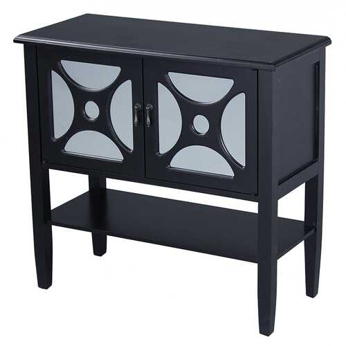 32" X 14" X 30" Black MDF  Wood  Mirrored Glass Console Cabinet with  Doorsa Shelf and Link Inserts