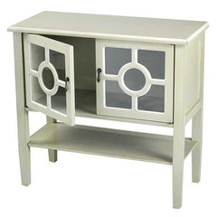 32" X 14" X 30" Beige MDF  Wood  Clear Glass Console Cabinet with  Doors and Shelf and Lattice Inserts