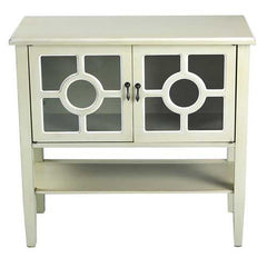 32" X 14" X 30" Beige MDF  Wood  Clear Glass Console Cabinet with  Doors and Shelf and Lattice Inserts