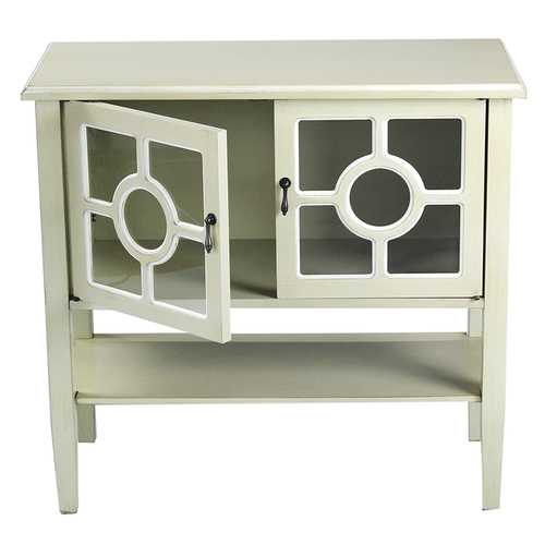 32" X 14" X 30" Beige MDF  Wood  Clear Glass Console Cabinet with  Doors and Shelf and Lattice Inserts