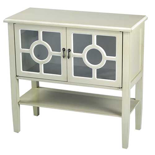 32" X 14" X 30" Beige MDF  Wood  Clear Glass Console Cabinet with  Doors and Shelf and Lattice Inserts