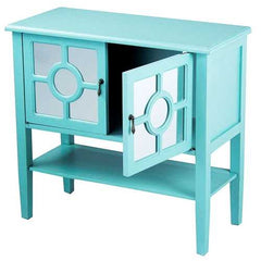 32" X 14" X 30" Turquoise MDF  Wood  Mirrored Glass Console Cabinet with  Doors and a Shelf