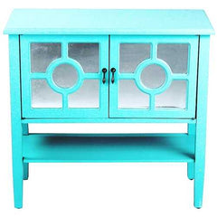 32" X 14" X 30" Turquoise MDF  Wood  Mirrored Glass Console Cabinet with  Doors and a Shelf