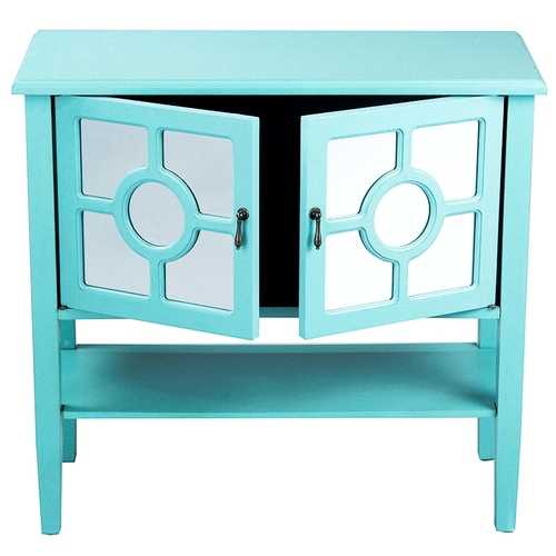 32" X 14" X 30" Turquoise MDF  Wood  Mirrored Glass Console Cabinet with  Doors and a Shelf