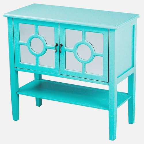 32" X 14" X 30" Turquoise MDF  Wood  Mirrored Glass Console Cabinet with  Doors and a Shelf