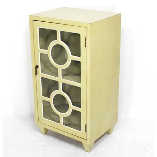 16.75" X 12.6" X 31" Beige MDF Wood Clear Glass Accent Cabinet with a Door and Lattice Inserts