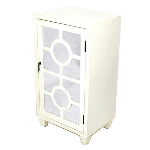 16.75" X 12.6" X 31" Antique White MDF Wood Mirrored Glass Accent Cabinet with a Door and Lattice Inserts