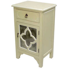 18" X 13" X 30" Beige MDF  Wood  Clear Glass Accent Cabinet with a Drawer and  Door and Quatrefoil Inserts