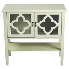 32" X 14" X 30" Beige MDF  Wood  Clear Glass Console Cabinet with  Doors and a Shelf