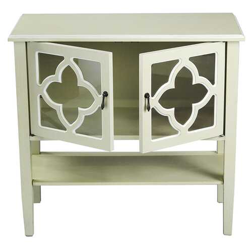 32" X 14" X 30" Beige MDF  Wood  Clear Glass Console Cabinet with  Doors and a Shelf