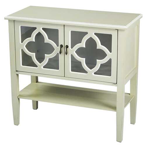 32" X 14" X 30" Beige MDF  Wood  Clear Glass Console Cabinet with  Doors and a Shelf