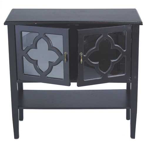 32" X 14" X 30" Black MDF  Wood  Clear Glass Console Cabinet with  Doors and a Shelf