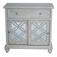 32" X 14" X 32" Distressed White MDF  Wood  Mirrored Glass Sideboard with  Doors and a Drawer