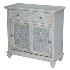 32" X 14" X 32" Distressed White MDF  Wood  Mirrored Glass Sideboard with  Doors and a Drawer