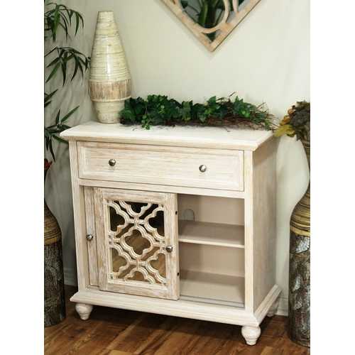 32" X 14" X 32" Distressed White MDF  Wood  Mirrored Glass Sideboard with  Doors and a Drawer