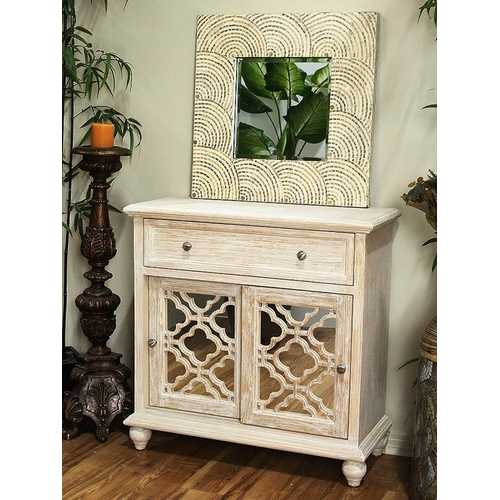 32" X 14" X 32" Distressed White MDF  Wood  Mirrored Glass Sideboard with  Doors and a Drawer