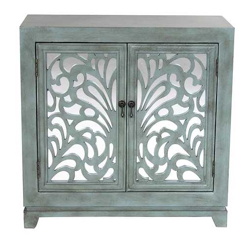 32" X 14" X 32" French Blue MDF  Wood  Mirrored Glass Sideboard with  Doors