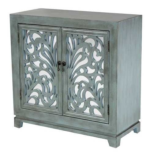 32" X 14" X 32" French Blue MDF  Wood  Mirrored Glass Sideboard with  Doors