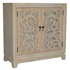 32" X 14" X 32" Distressed White MDF  Wood  Mirrored Glass Sideboard with  Doors