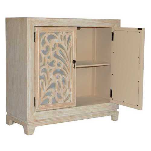 32" X 14" X 32" Distressed White MDF  Wood  Mirrored Glass Sideboard with  Doors