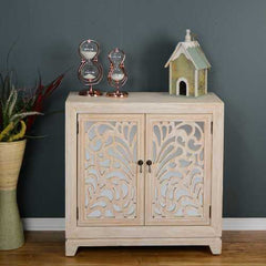 32" X 14" X 32" Distressed White MDF  Wood  Mirrored Glass Sideboard with  Doors