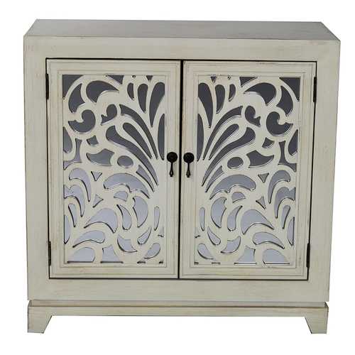 32" X 14" X 32" Ivory MDF  Wood  Mirrored Glass Sideboard with  Doors and Mirror Inserts