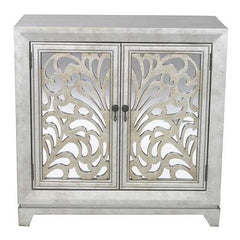 32" X 14" X 32" Antique Silver W  Gold MDF  Wood  Mirrored Glass Sideboard with  Doors and Gold Paint