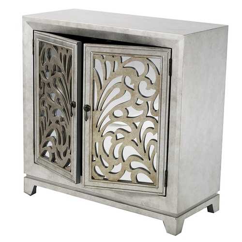 32" X 14" X 32" Antique Silver W  Gold MDF  Wood  Mirrored Glass Sideboard with  Doors and Gold Paint