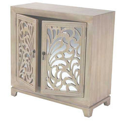 32" X 14" X 32" White Wash MDF  Wood  Mirrored Glass Sideboard with  Doors