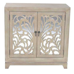 32" X 14" X 32" White Wash MDF  Wood  Mirrored Glass Sideboard with  Doors