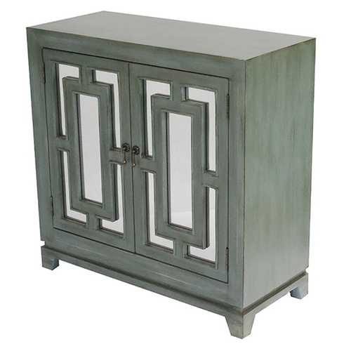 32" X 14" X 32" French Blue MDF  Wood  Mirrored Glass Sideboard with  Doors