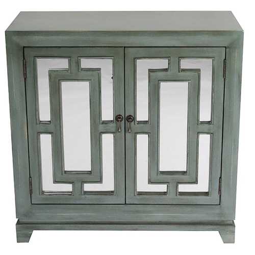 32" X 14" X 32" French Blue MDF  Wood  Mirrored Glass Sideboard with  Doors