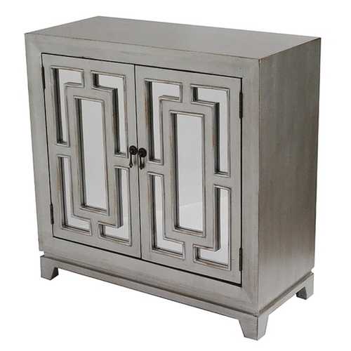 32" X 14" X 32" Antique Silver W  Gold MDF  Wood  Mirrored Glass Sideboard with  Doors and Gold Paint