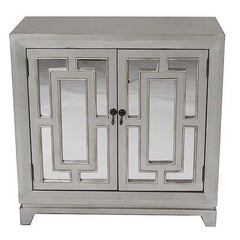 32" X 14" X 32" Antique Silver W  Gold MDF  Wood  Mirrored Glass Sideboard with  Doors and Gold Paint