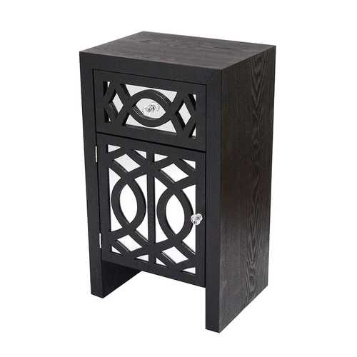 18" X 13" X 30.5" Black MDF Wood Mirrored Glass Accent Cabinet with Mirrored Glass Door and Drawer