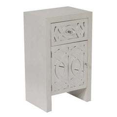 18" X 13" X 30.5" Antique White MDF Wood Mirrored Glass Accent Cabinet with Mirrored Glass Door and Drawer