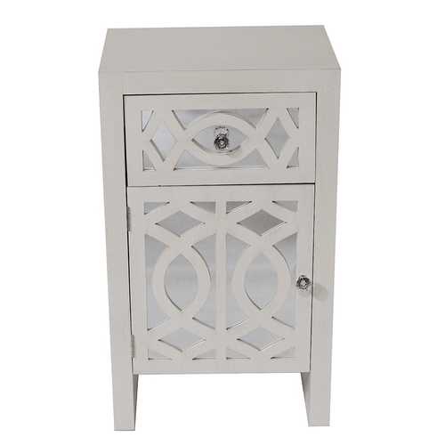 18" X 13" X 30.5" Antique White MDF Wood Mirrored Glass Accent Cabinet with Mirrored Glass Door and Drawer