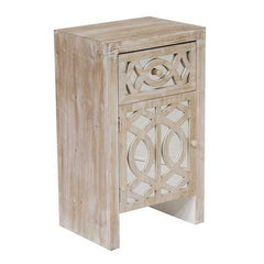 18" X 13" X 30.5" White Washed MDF Wood Mirrored Glass Accent Cabinet with Mirrored Glass Door and Drawer