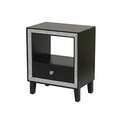 19.7" X 13" X 23.5" Black MDF Wood Mirrored Glass Accent Cabinet with a Drawer and n Open Shelf and an Mirrored Frame