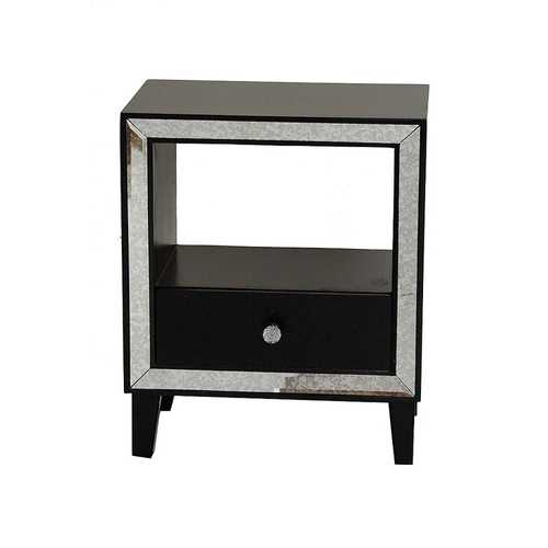 19.7" X 13" X 23.5" Black MDF Wood Mirrored Glass Accent Cabinet with a Drawer and n Open Shelf and an Mirrored Frame