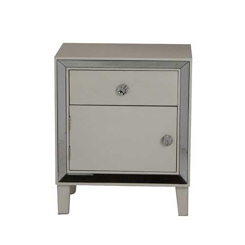 19.7" X 13" X 23.5" Antique White MDF Wood Mirrored Glass Accent Cabinet with a Door and Drawer and Mirrored Glass