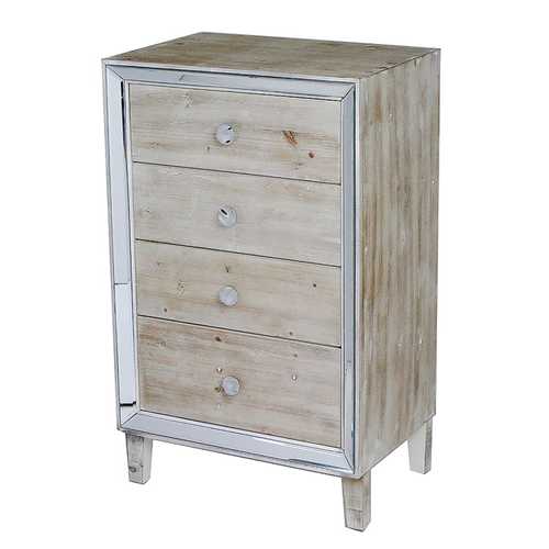 White Washed MDF Wood Mirrored Glass Accent Cabinet with  Drawers and  Mirrored Glass