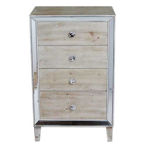 White Washed MDF Wood Mirrored Glass Accent Cabinet with  Drawers and  Mirrored Glass