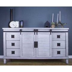 58" X 18" X 34" Distressed Light Grey Iron  Wood  MDF Accent Cabinet with  Doors and  Drawers