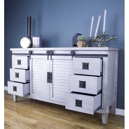 58" X 18" X 34" Distressed Light Grey Iron  Wood  MDF Accent Cabinet with  Doors and  Drawers