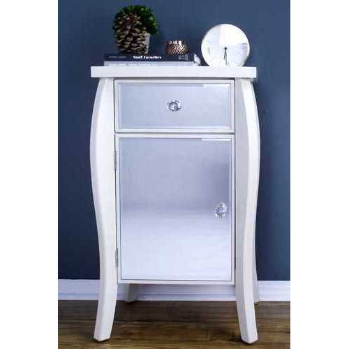 24.75" X 19" X 39.75" Antique White MDF Wood Mirrored Glass Accent Table with Drawer and Door