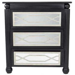35" X 17" X 37" Black W  Silver MDF  Wood  Mirrored Glass Accent Cabinet with  drawers and Mirrored Glass