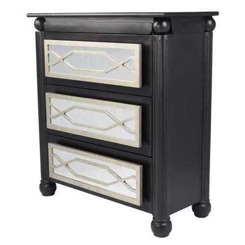 35" X 17" X 37" Black W  Silver MDF  Wood  Mirrored Glass Accent Cabinet with  drawers and Mirrored Glass